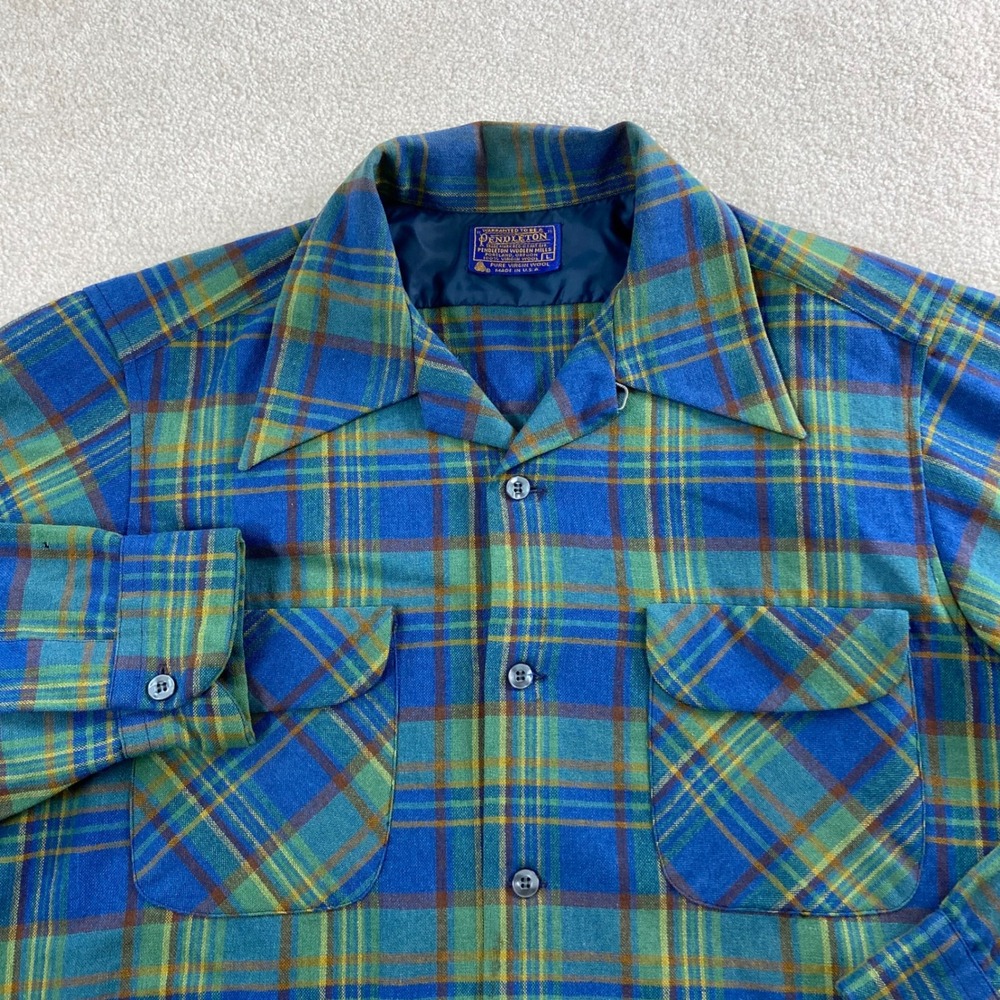 Vintage 70's Pendleton Board Shirt Men L Blue Green Virgin Wool Made in USA